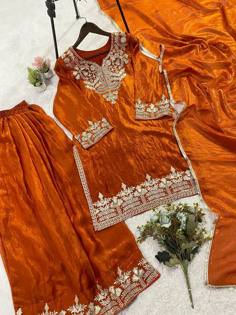 Elegant Embroidered Palazzo Suit Set in White and orange for Festive and Family Occasions