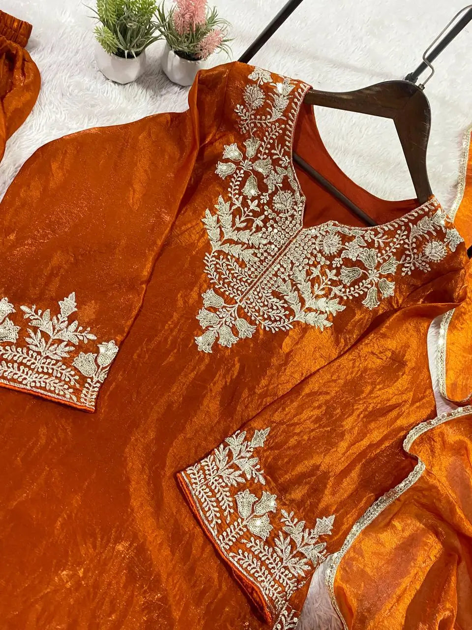 Elegant Embroidered Palazzo Suit Set in White and orange for Festive and Family Occasions