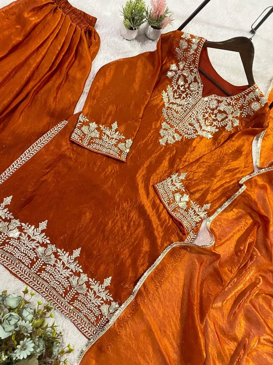 Elegant Embroidered Palazzo Suit Set in White and orange for Festive and Family Occasions