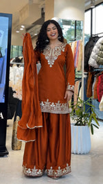 Elegant Embroidered Palazzo Suit Set in White and orange for Festive and Family Occasions