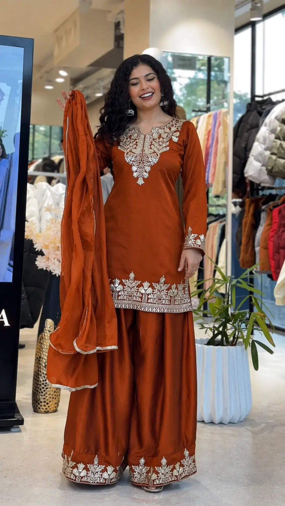 Elegant Embroidered Palazzo Suit Set in White and orange for Festive and Family Occasions