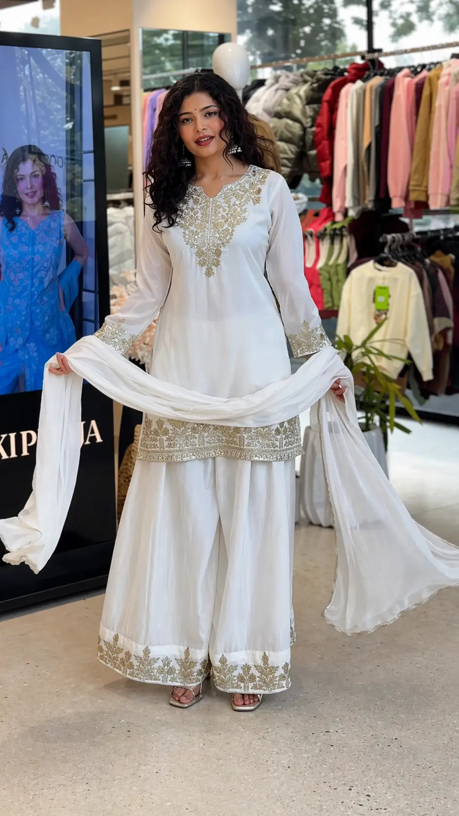 Elegant Embroidered Palazzo Suit Set in White and orange for Festive and Family Occasions