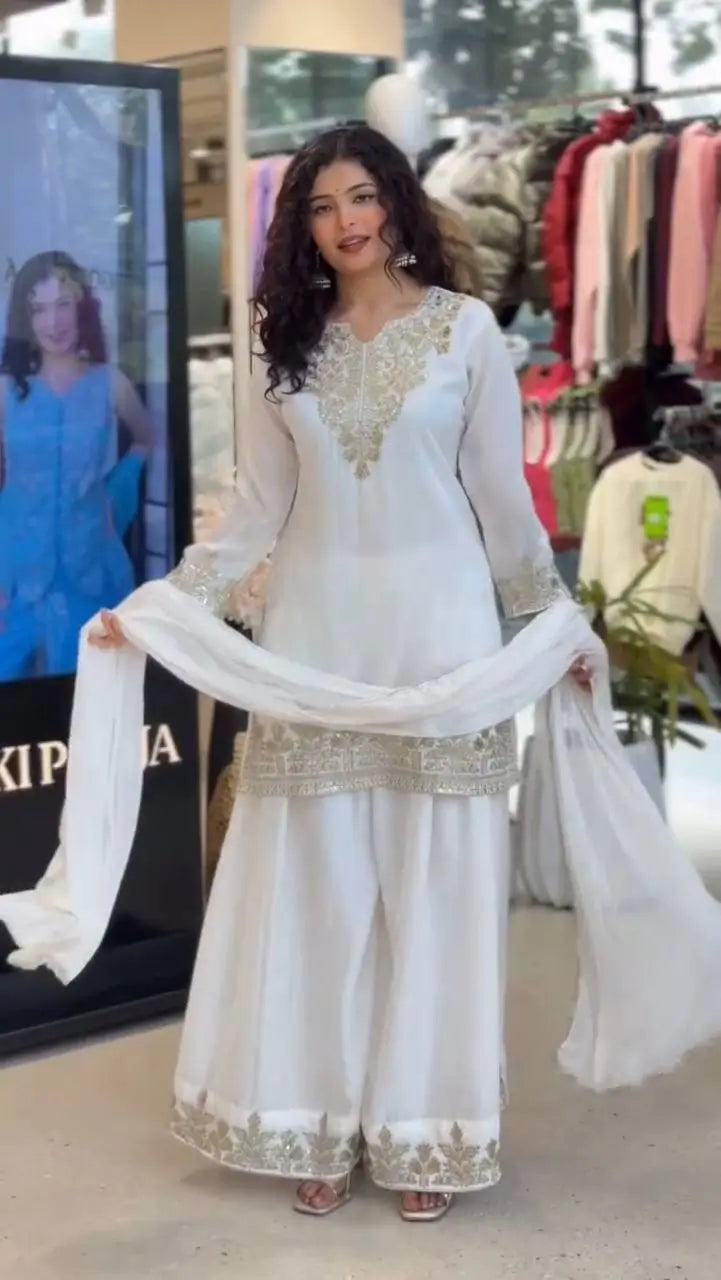Elegant Embroidered Palazzo Suit Set in White and orange for Festive and Family Occasions