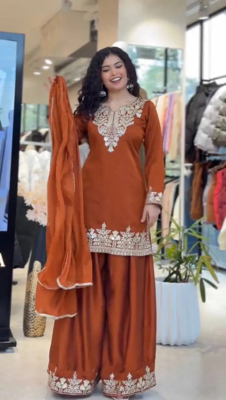 Elegant Embroidered Palazzo Suit Set in White and orange for Festive and Family Occasions