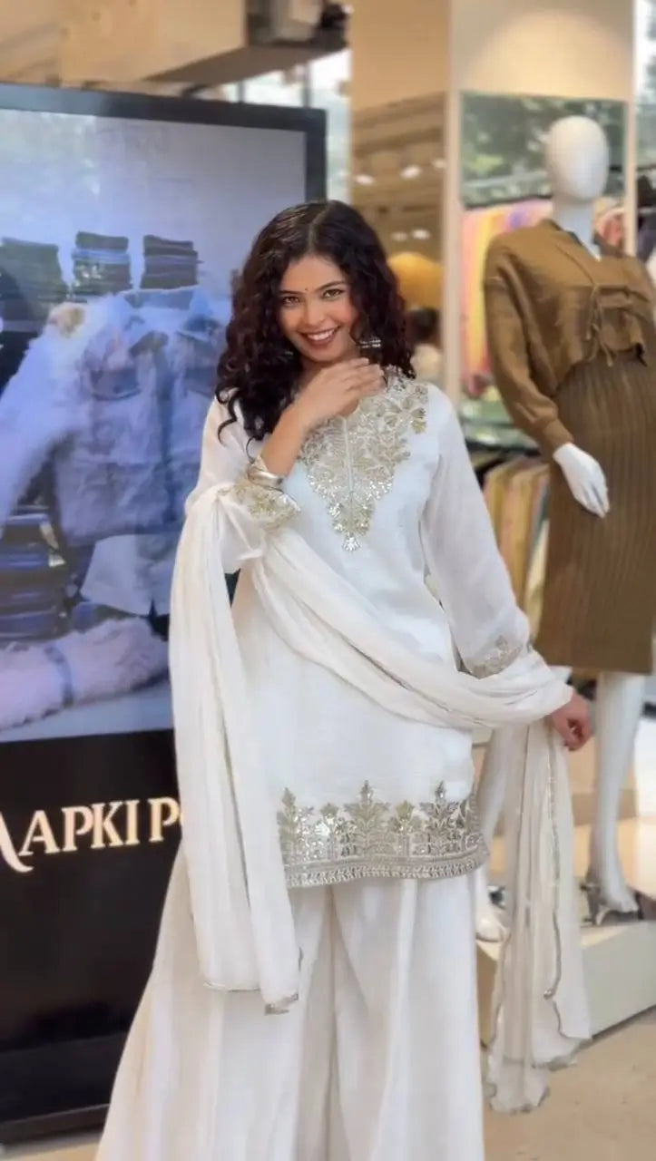 Elegant Embroidered Palazzo Suit Set in White and orange for Festive and Family Occasions