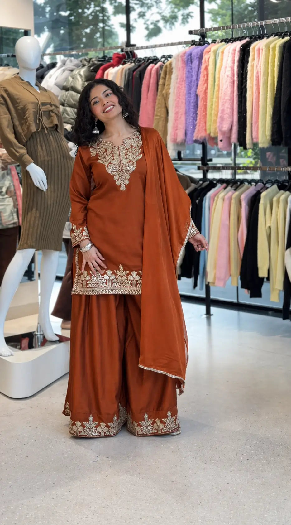 Elegant Embroidered Palazzo Suit Set in White and orange for Festive and Family Occasions