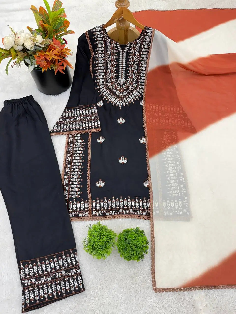 Elegant Embroidered Rayon Cotton Farshi Suit Set