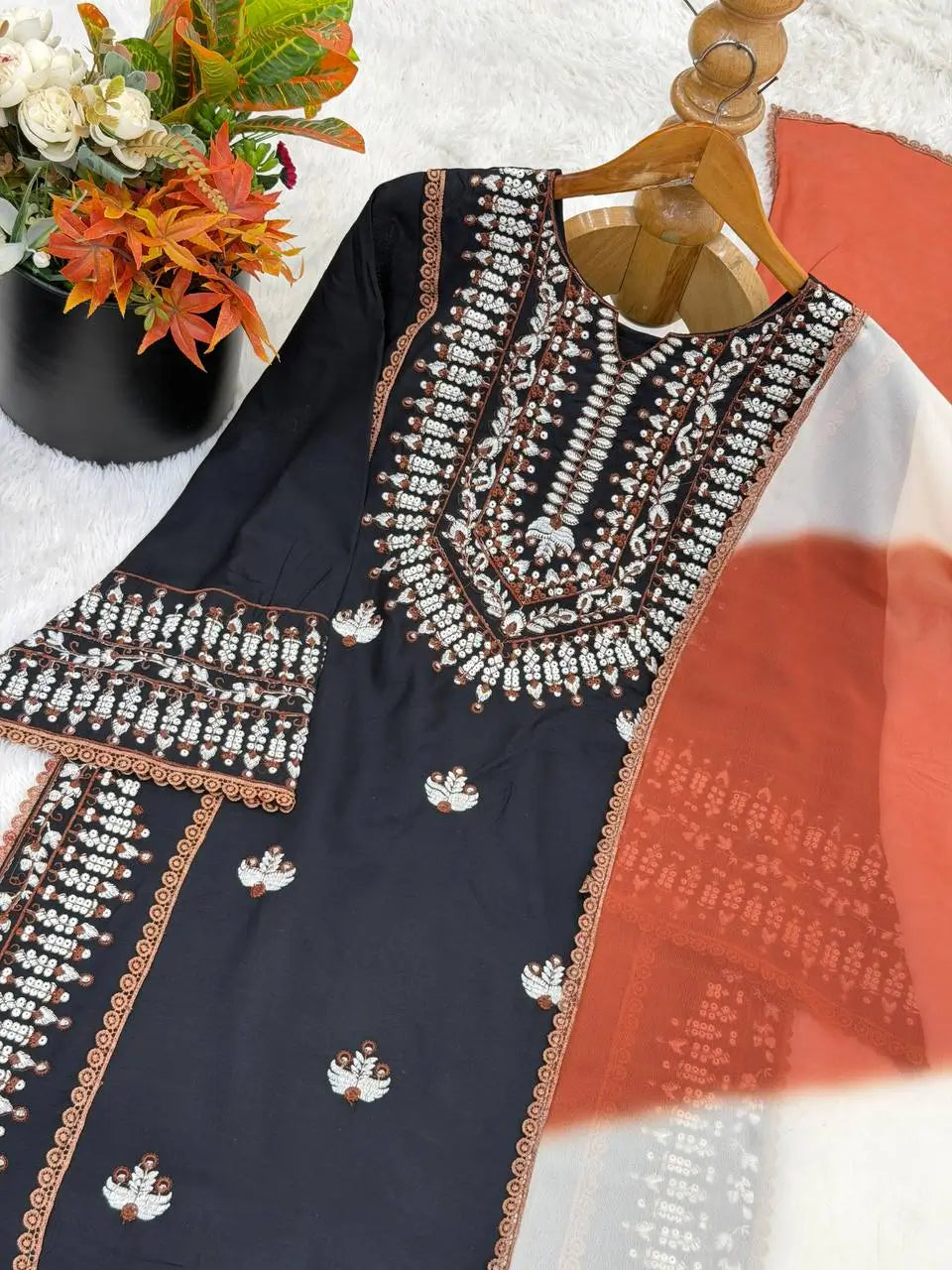 Elegant Embroidered Rayon Cotton Farshi Suit Set
