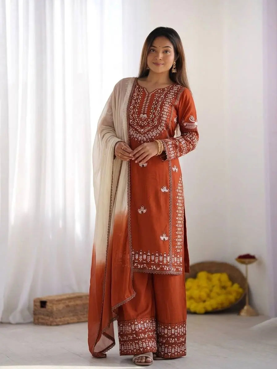 Elegant Embroidered Rayon Cotton Farshi Suit Set