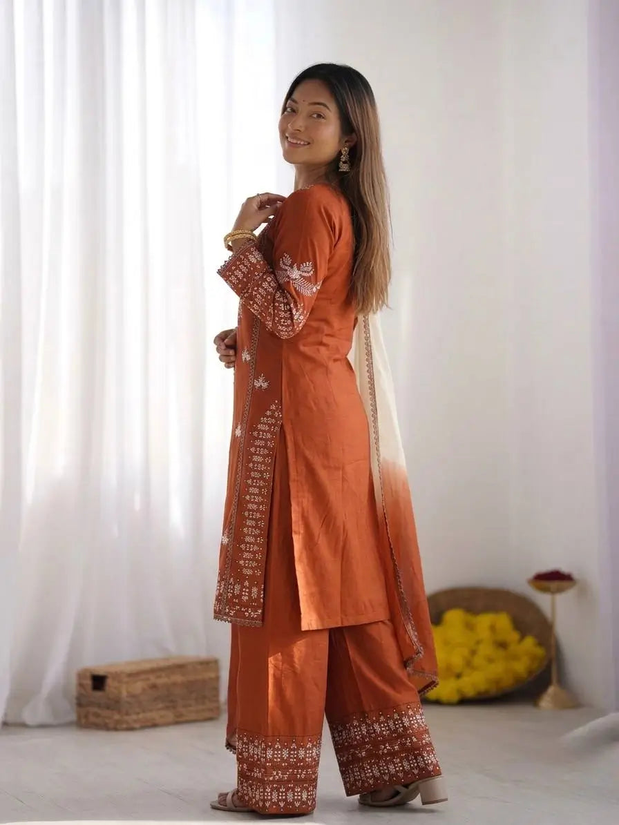 Elegant Embroidered Rayon Cotton Farshi Suit Set