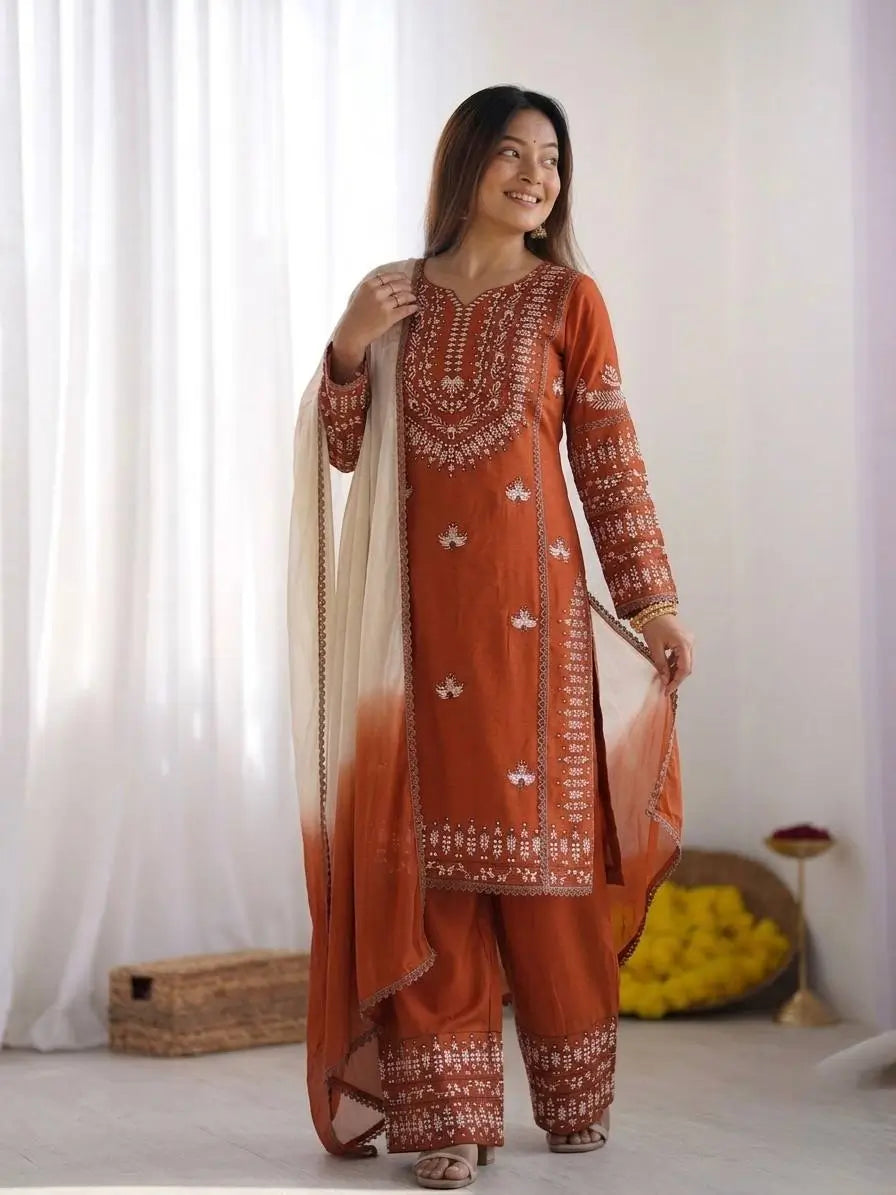 Elegant Embroidered Rayon Cotton Farshi Suit Set