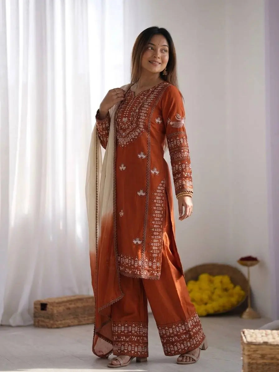 Elegant Embroidered Rayon Cotton Farshi Suit Set