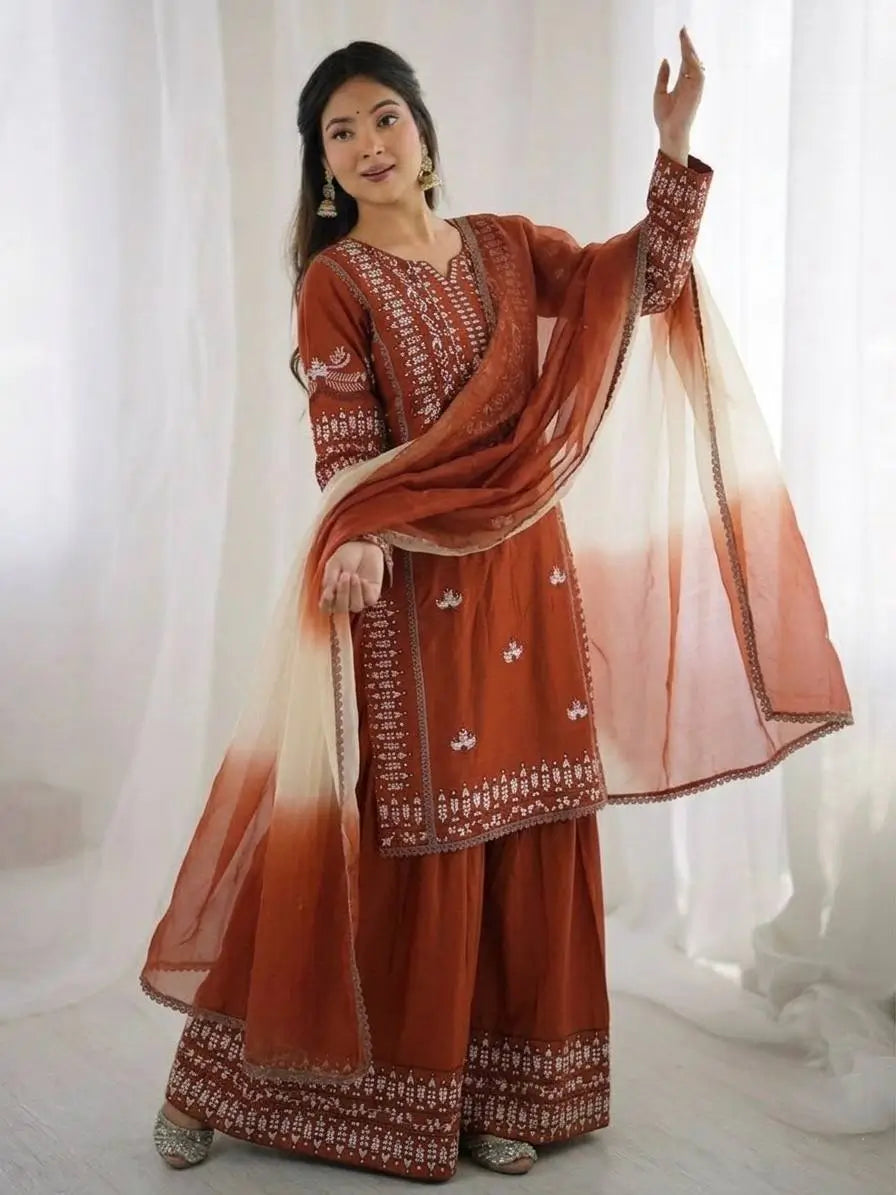 Elegant Embroidered Rayon Cotton Farshi Suit Set