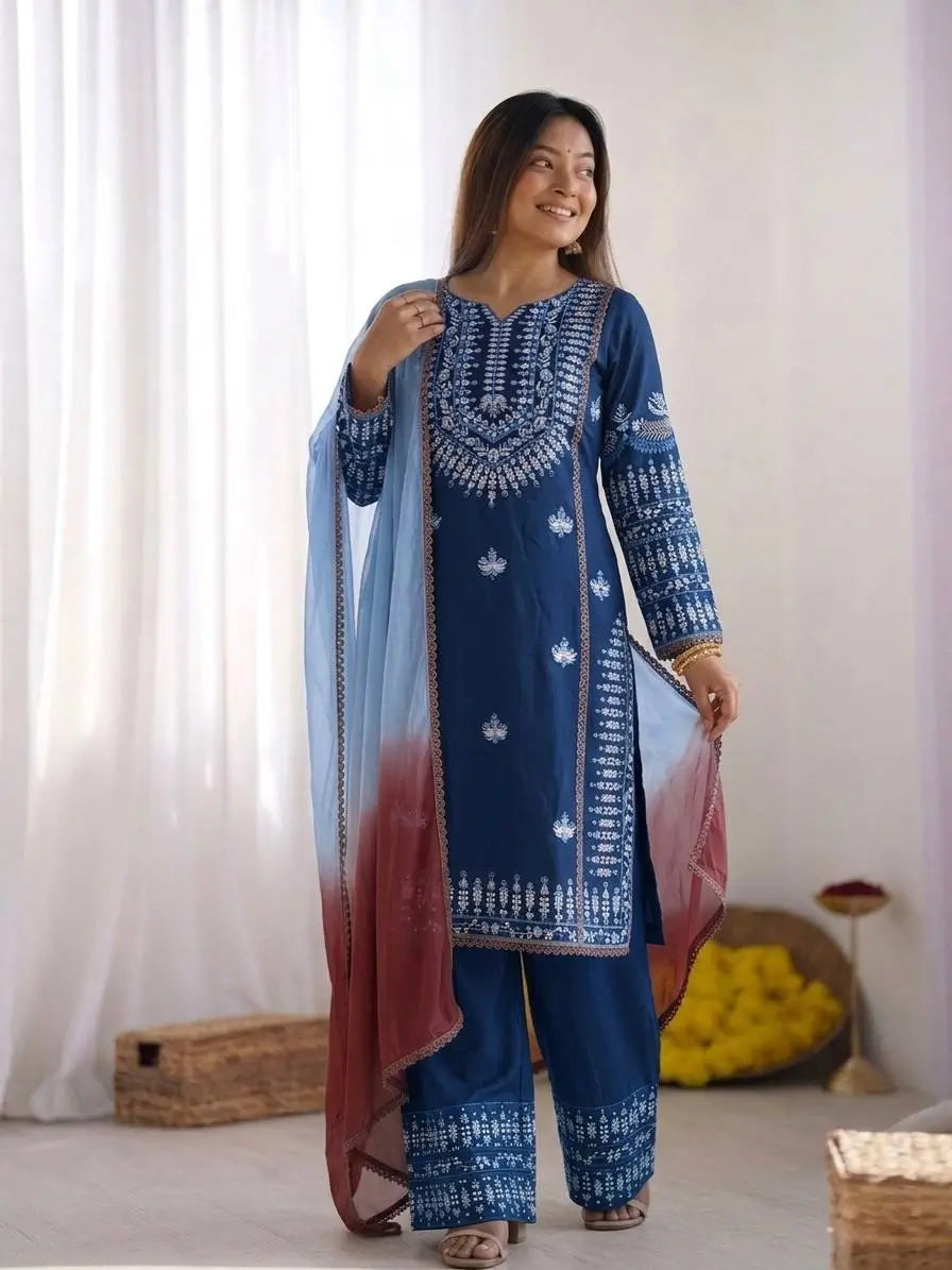 Elegant Embroidered Rayon Cotton Farshi Suit Set