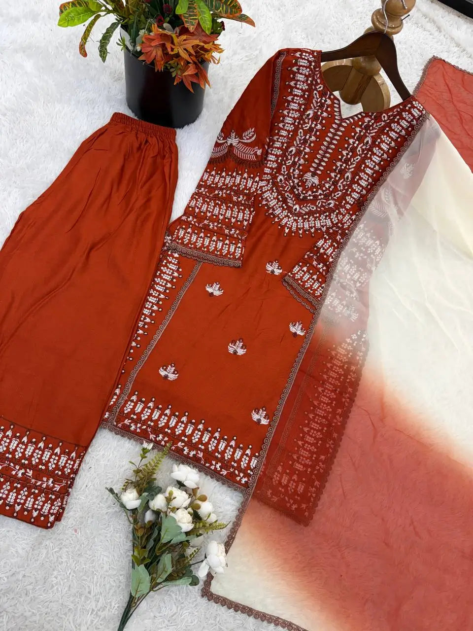 Elegant Embroidered Rayon Cotton Farshi Suit Set