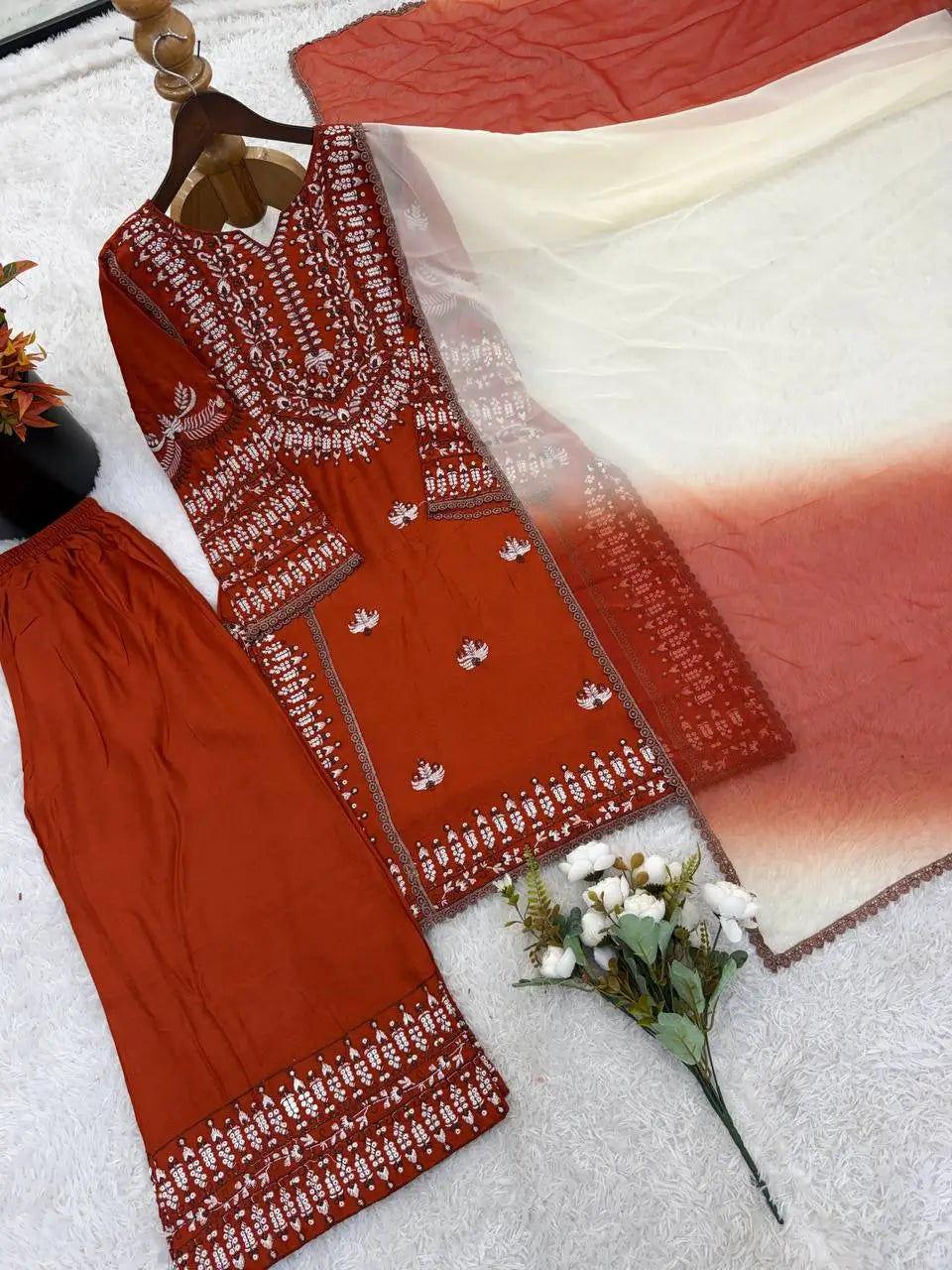 Elegant Embroidered Rayon Cotton Farshi Suit Set