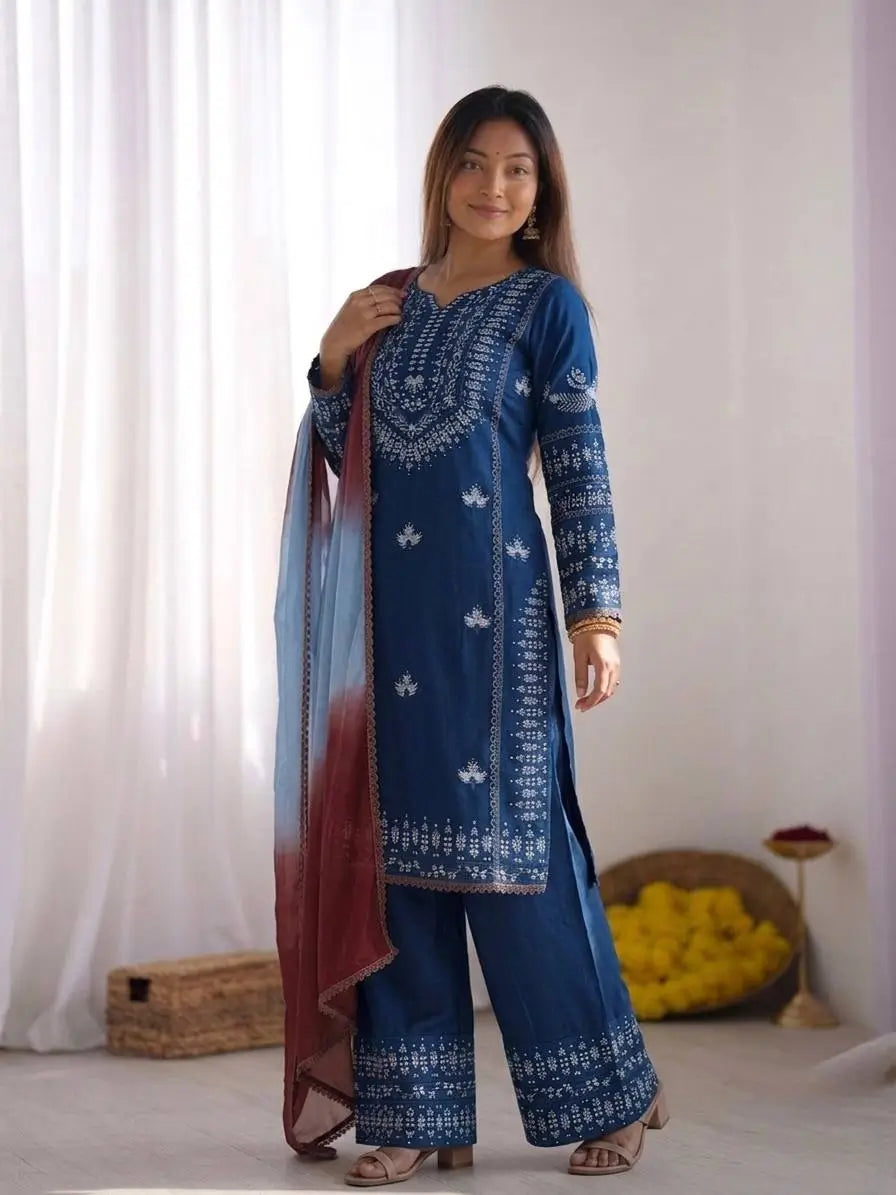 Elegant Embroidered Rayon Cotton Farshi Suit Set