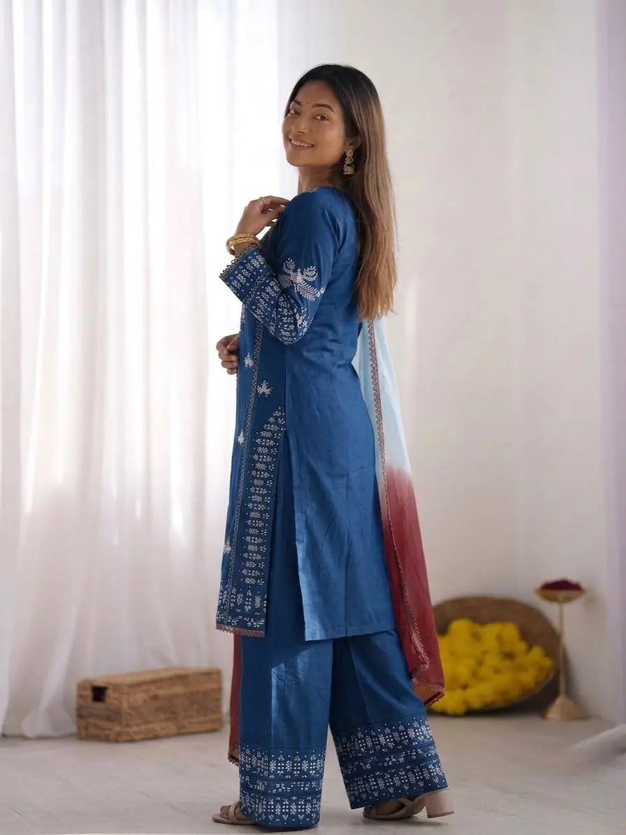 Elegant Embroidered Rayon Cotton Farshi Suit Set