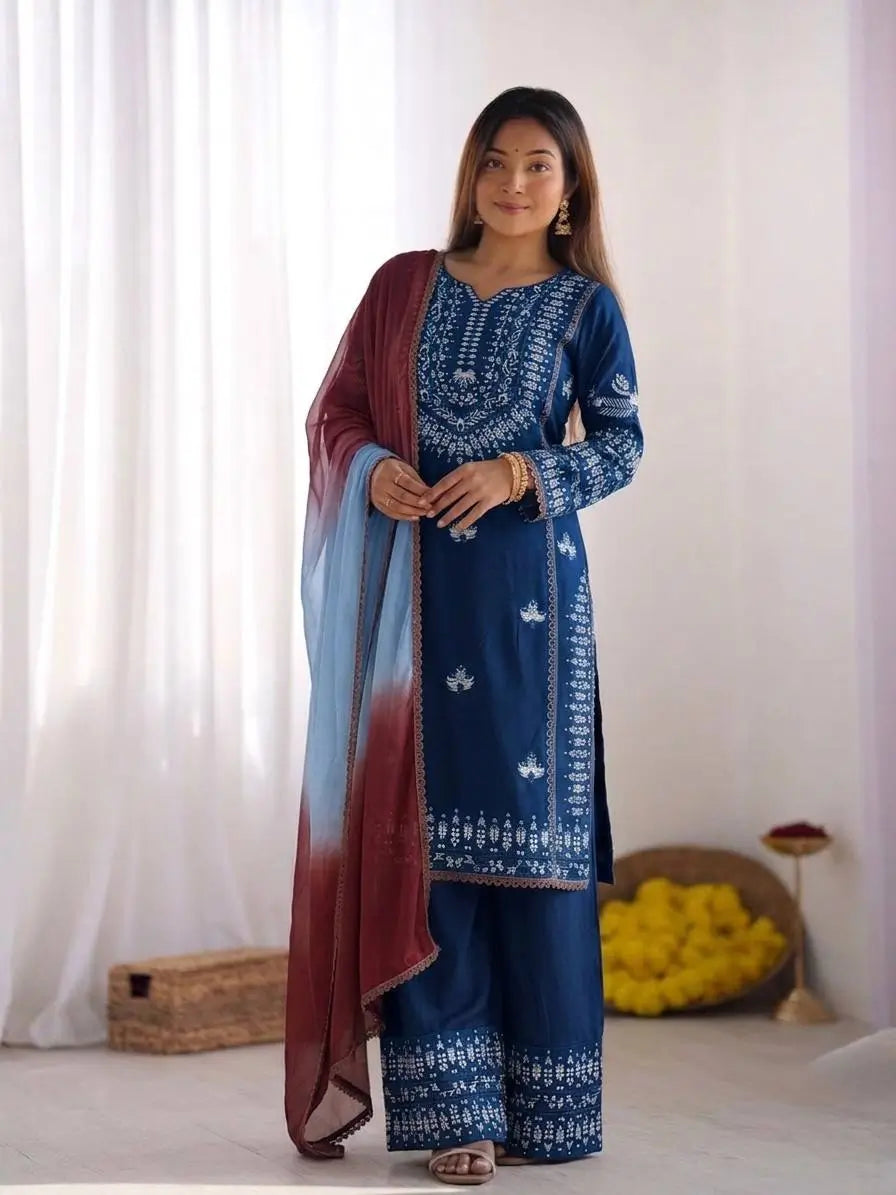 Elegant Embroidered Rayon Cotton Farshi Suit Set