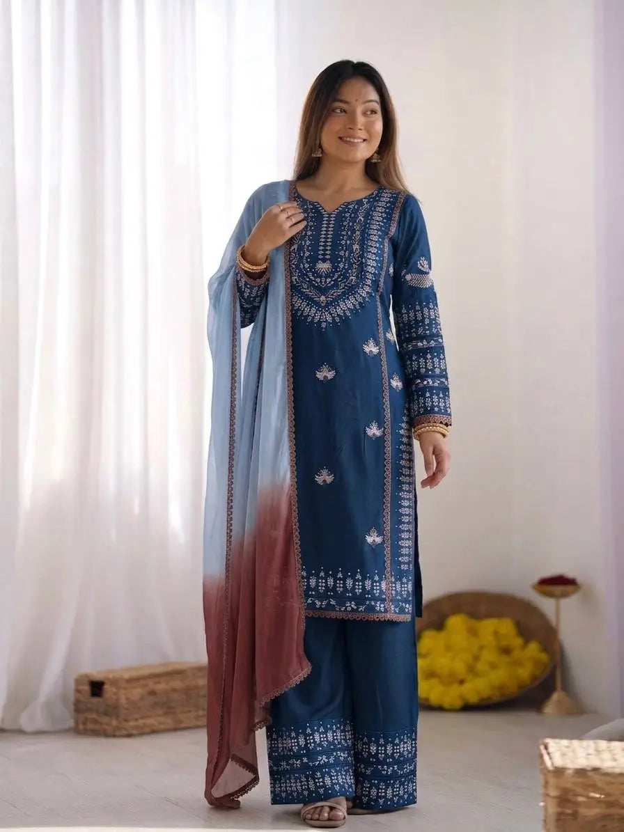 Elegant Embroidered Rayon Cotton Farshi Suit Set