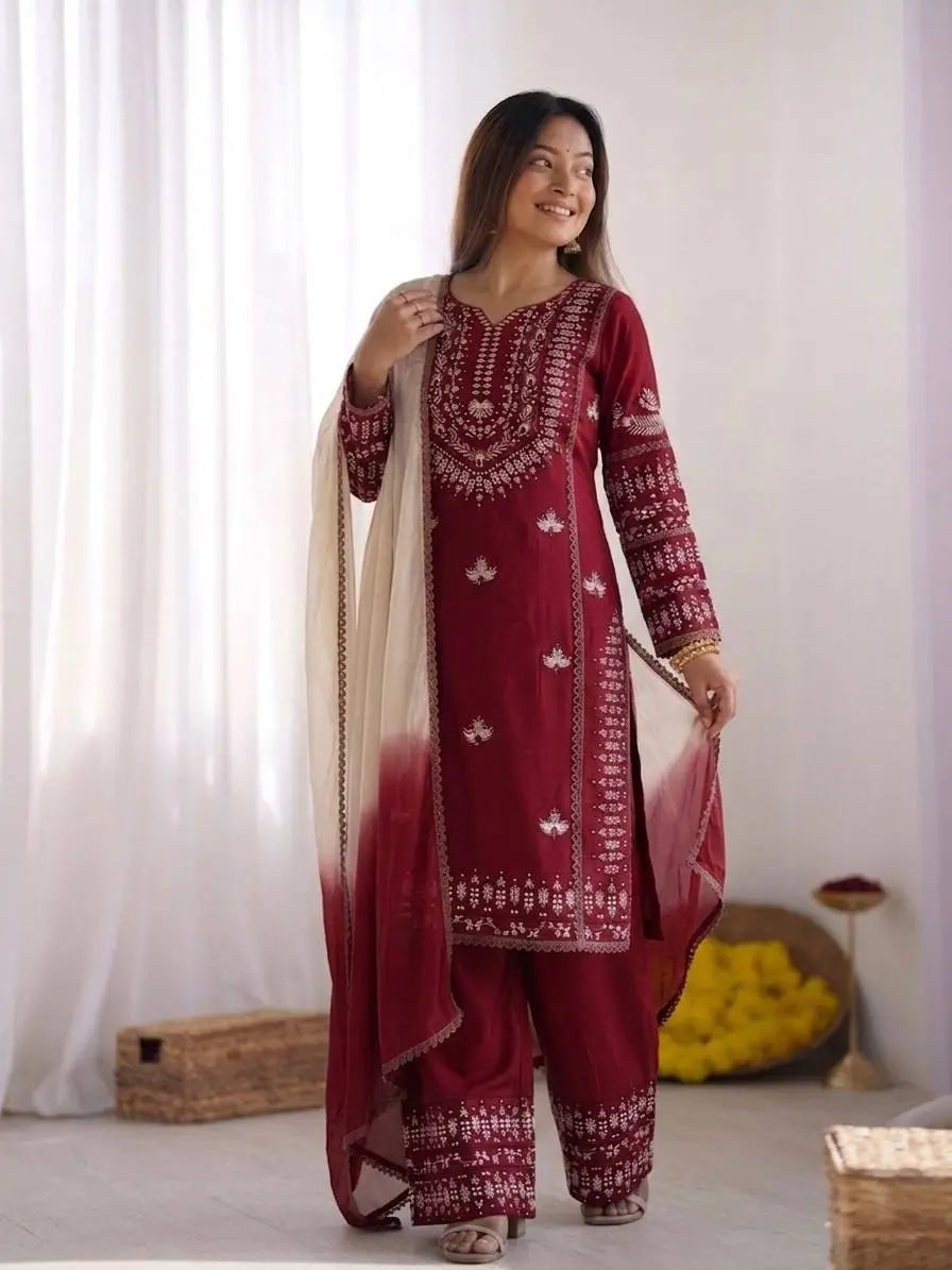 Elegant Embroidered Rayon Cotton Farshi Suit Set