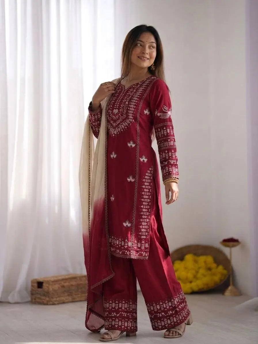 Elegant Embroidered Rayon Cotton Farshi Suit Set