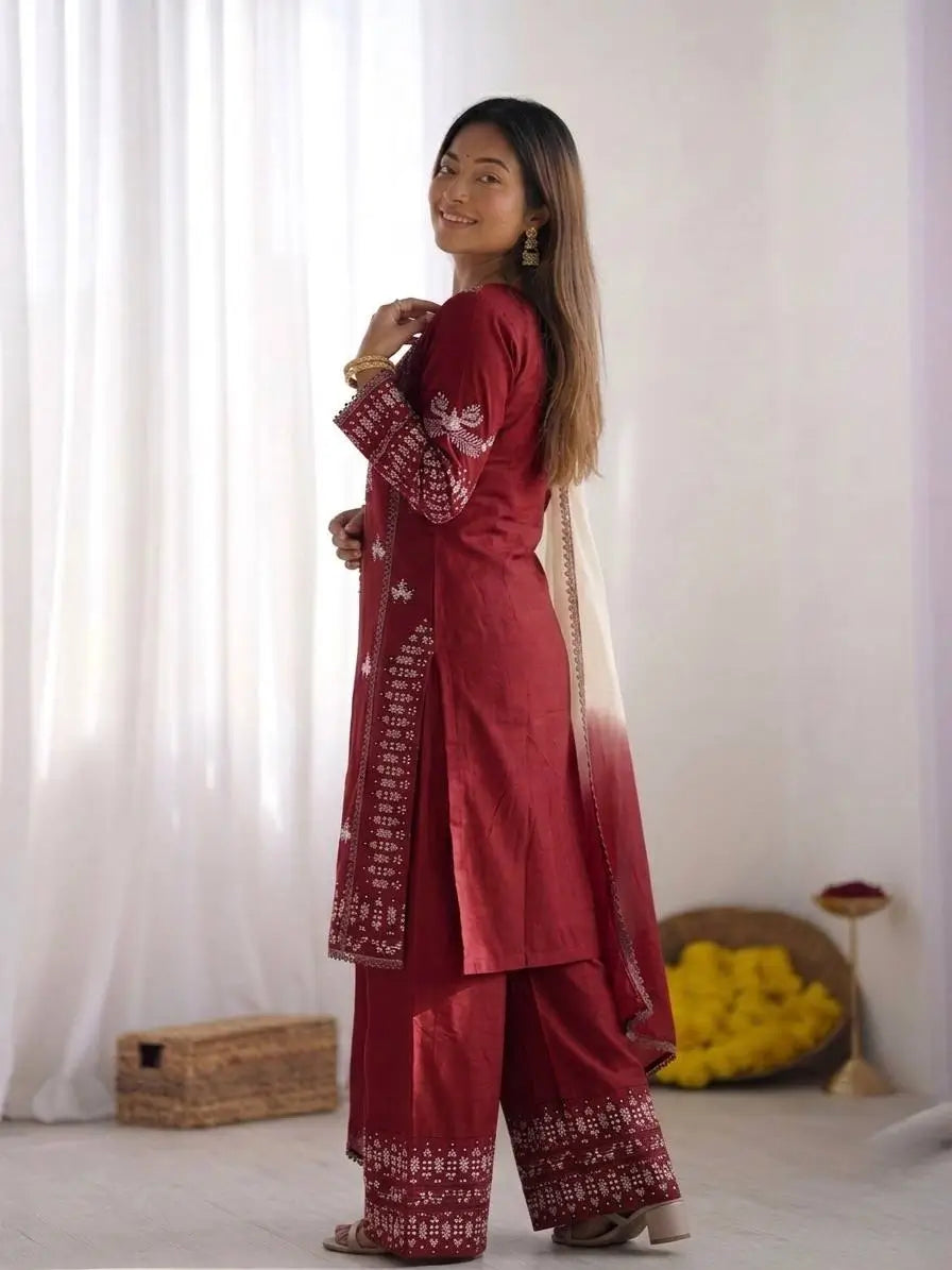 Elegant Embroidered Rayon Cotton Farshi Suit Set