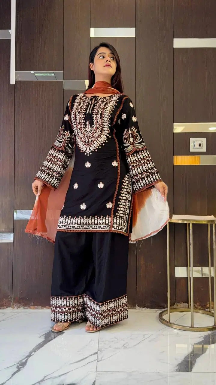 Elegant Embroidered Rayon Cotton Farshi Suit Set