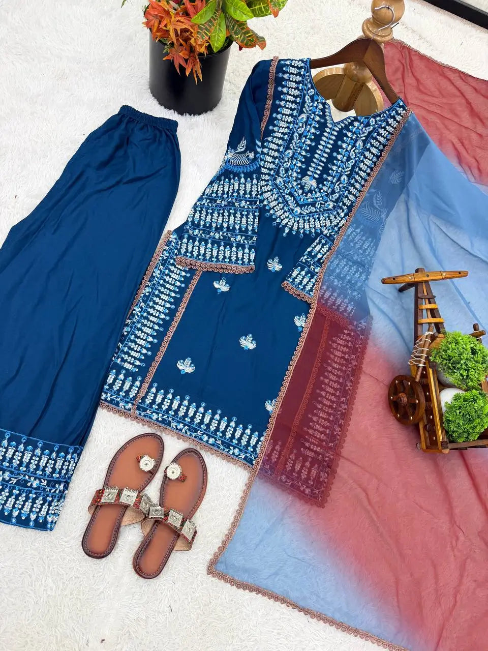 Elegant Embroidered Rayon Cotton Farshi Suit Set