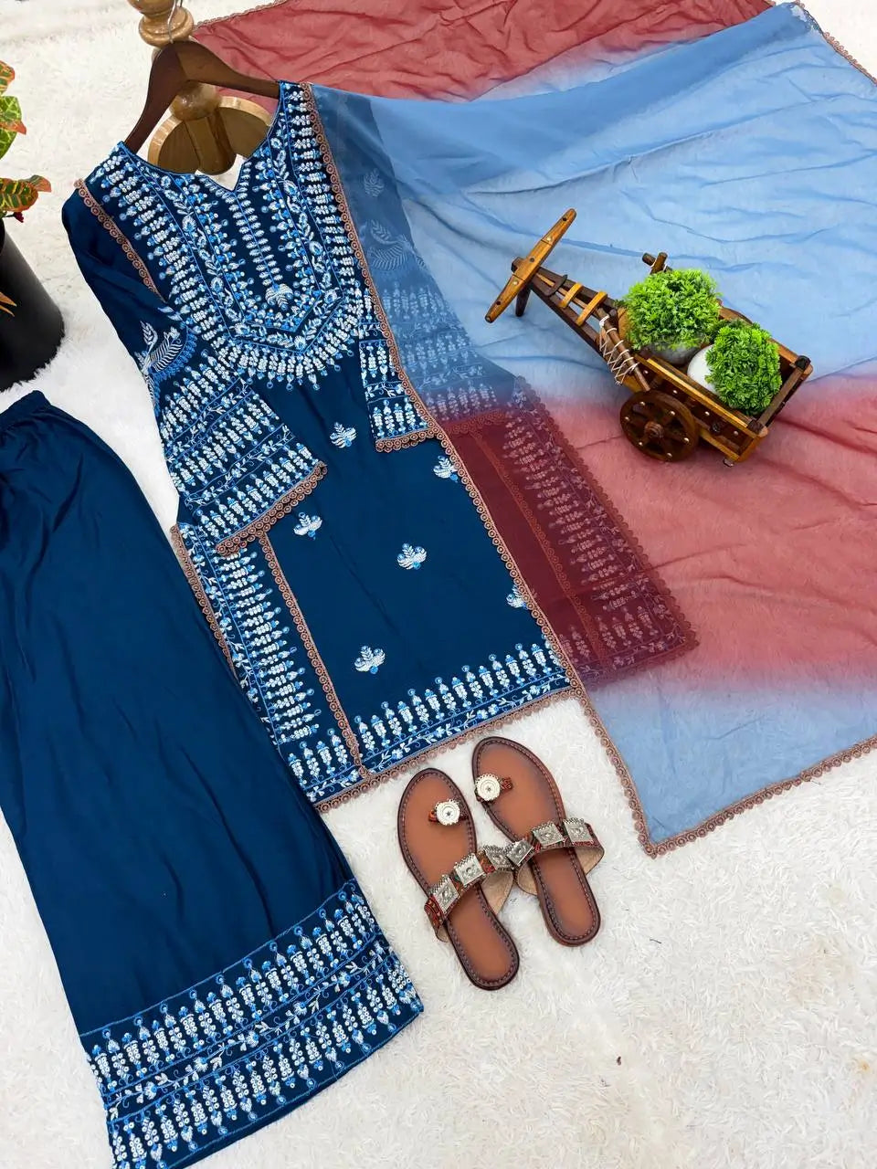 Elegant Embroidered Rayon Cotton Farshi Suit Set