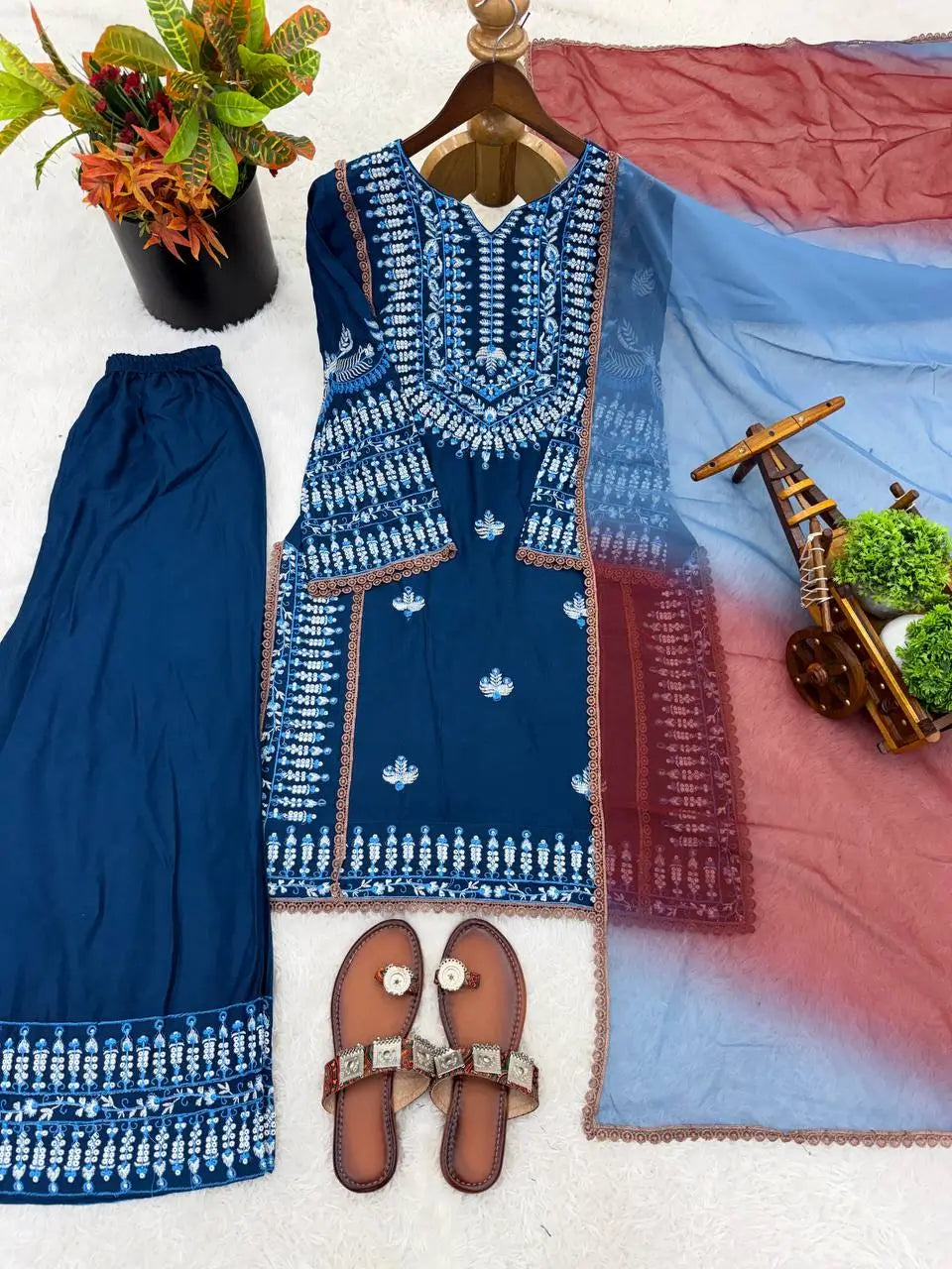 Elegant Embroidered Rayon Cotton Farshi Suit Set