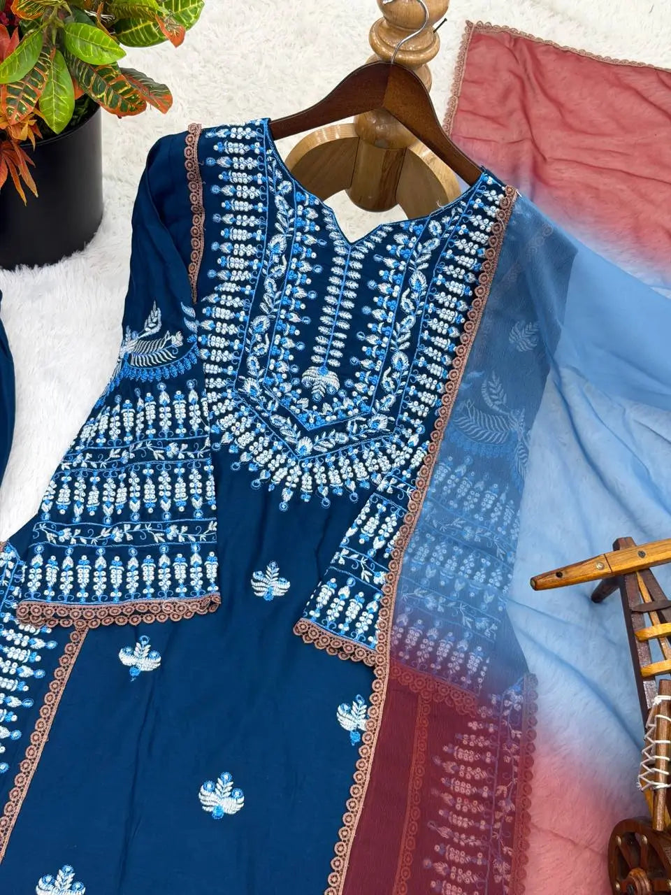 Elegant Embroidered Rayon Cotton Farshi Suit Set