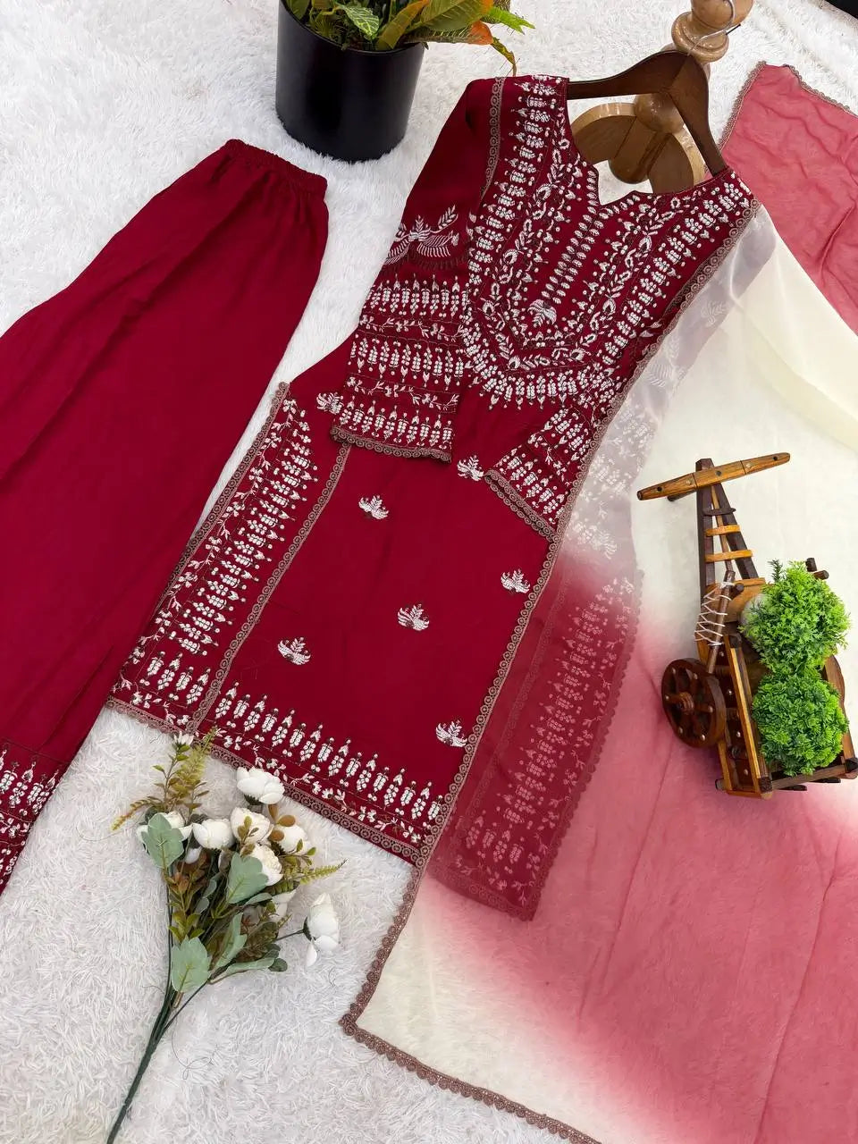 Elegant Embroidered Rayon Cotton Farshi Suit Set