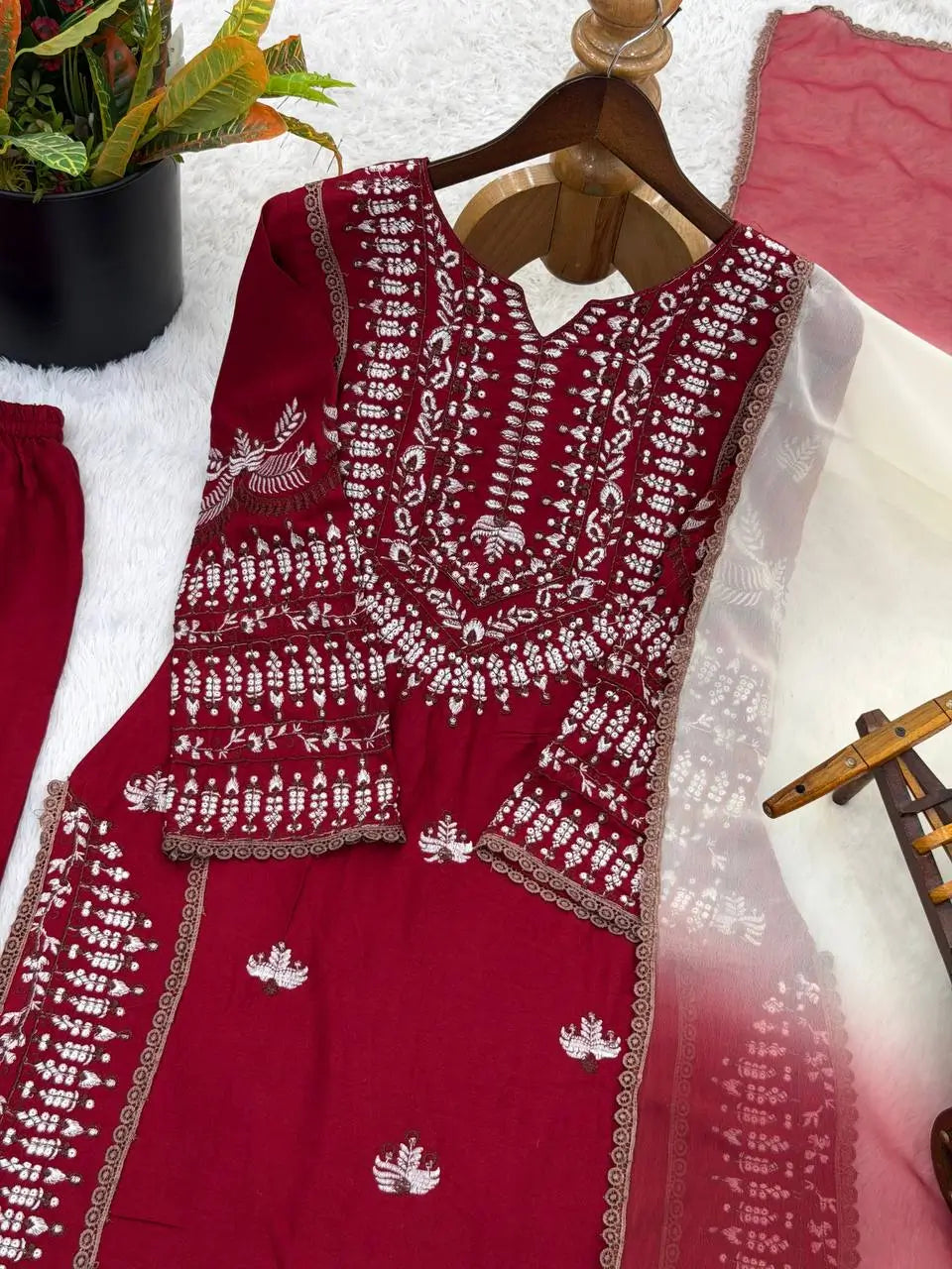 Elegant Embroidered Rayon Cotton Farshi Suit Set