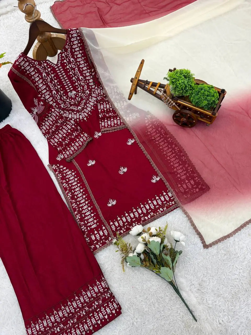 Elegant Embroidered Rayon Cotton Farshi Suit Set