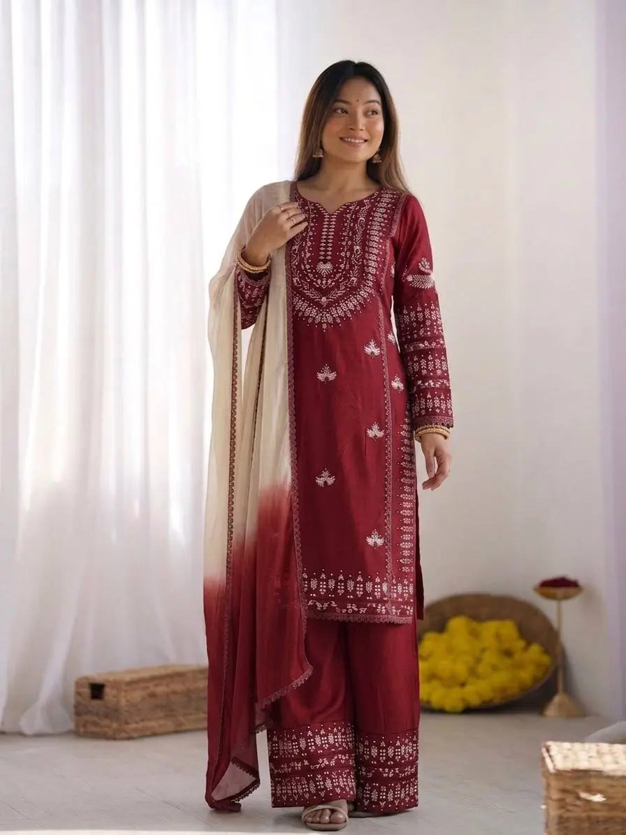 Elegant Embroidered Rayon Cotton Farshi Suit Set