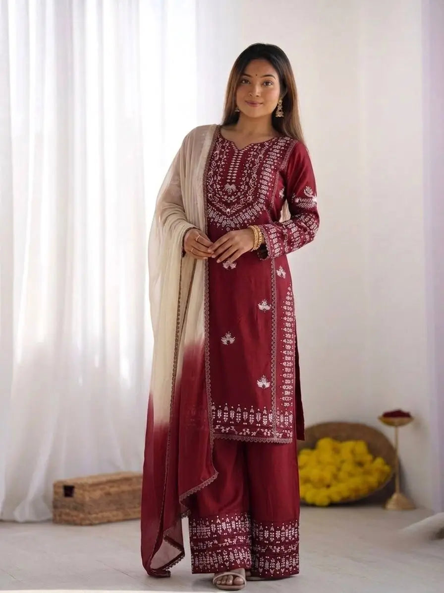 Elegant Embroidered Rayon Cotton Farshi Suit Set