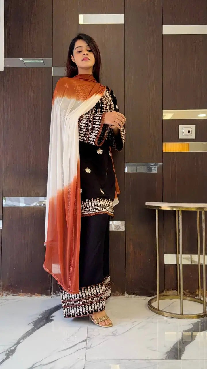Elegant Embroidered Rayon Cotton Farshi Suit Set