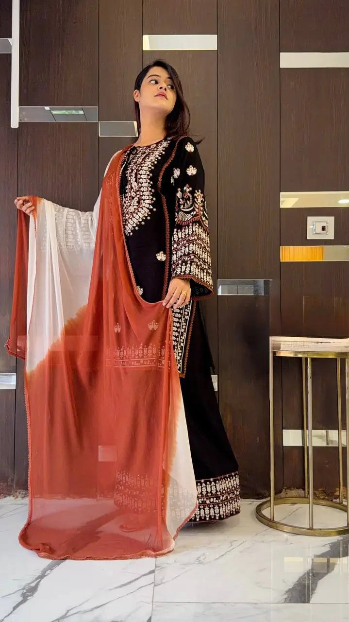 Elegant Embroidered Rayon Cotton Farshi Suit Set