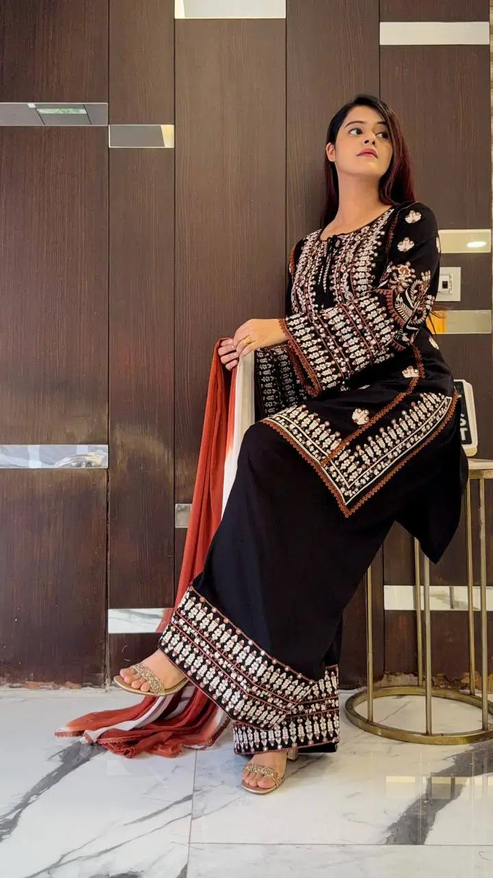 Elegant Embroidered Rayon Cotton Farshi Suit Set