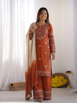 Elegant Embroidered Rayon Cotton Farshi Suit Set