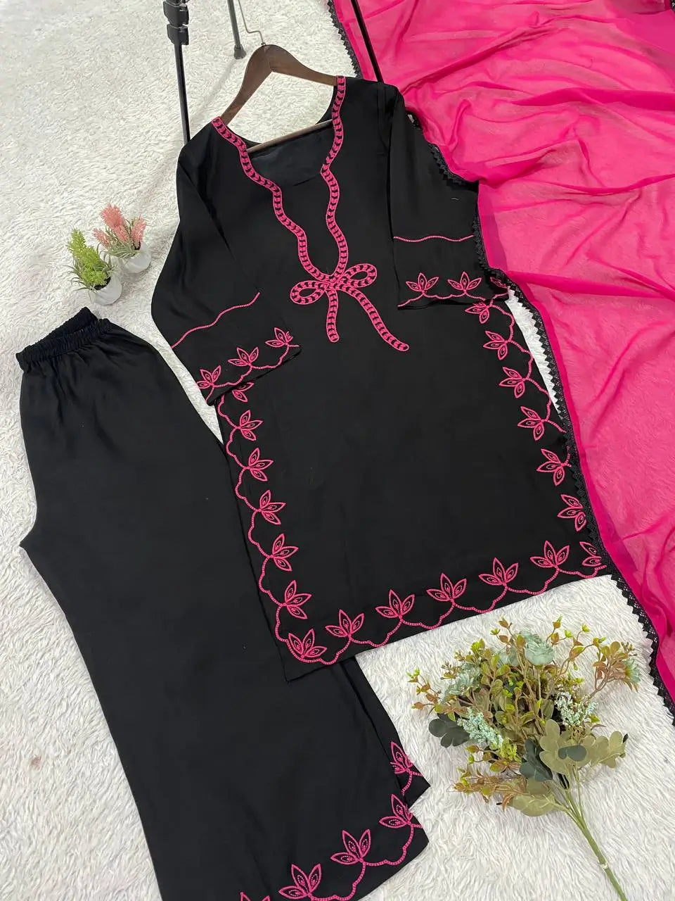 Elegant Embroidered Rayon Palazzo Suit Set for Festive and Casual Functions