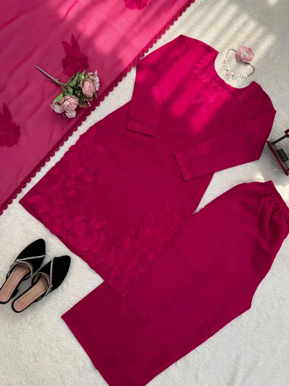 Elegant Embroidered Roman Palazzo Suit Set for Festive and Family Functions