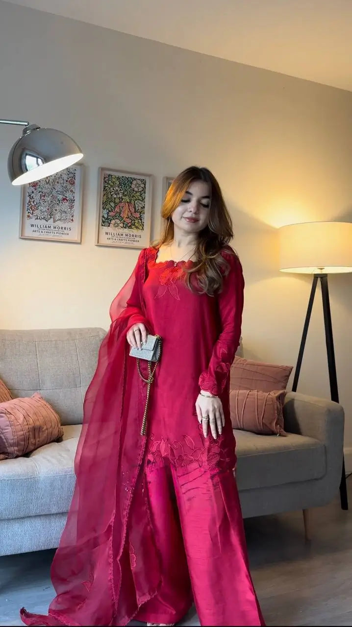 Elegant Embroidered Roman Palazzo Suit Set for Festive and Family Functions