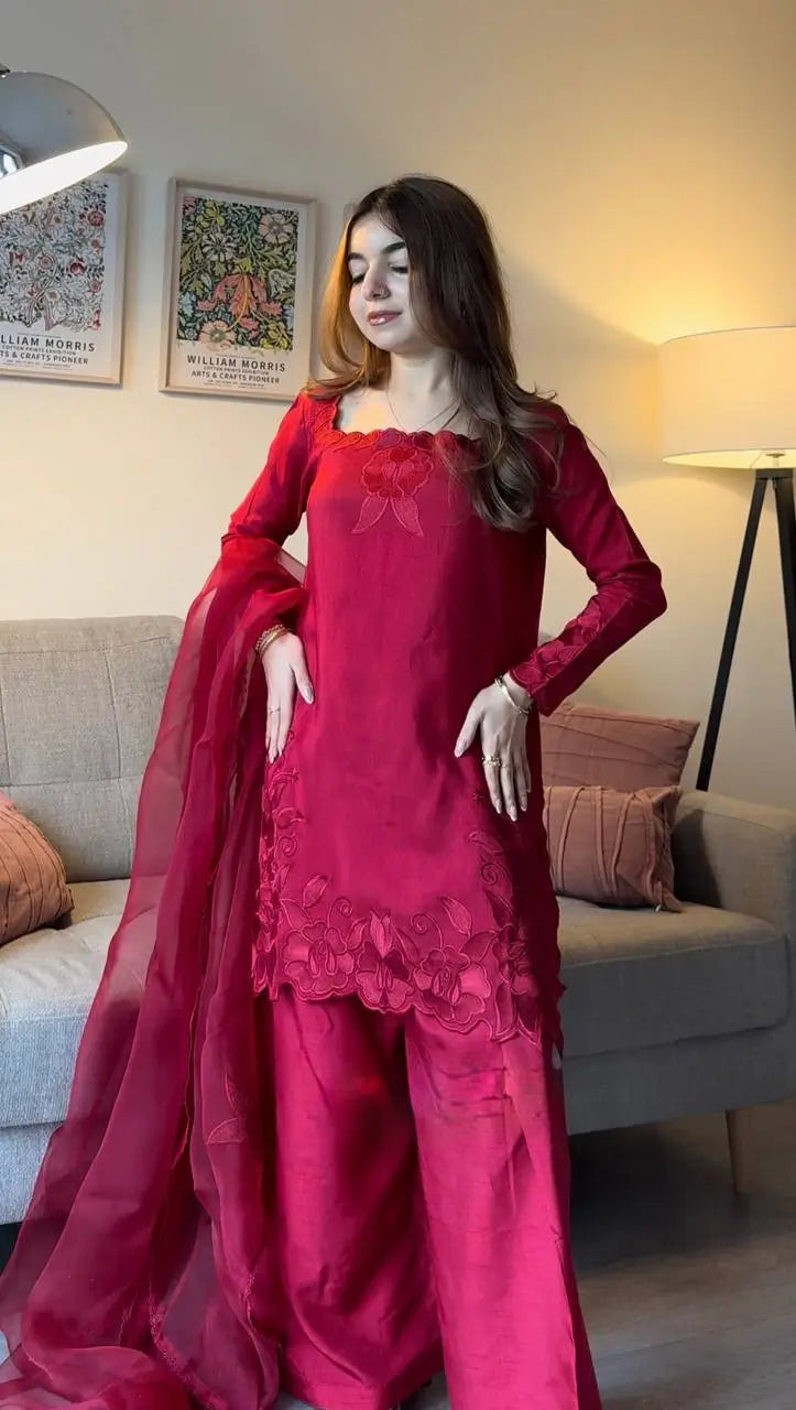 Elegant Embroidered Roman Palazzo Suit Set for Festive and Family Functions