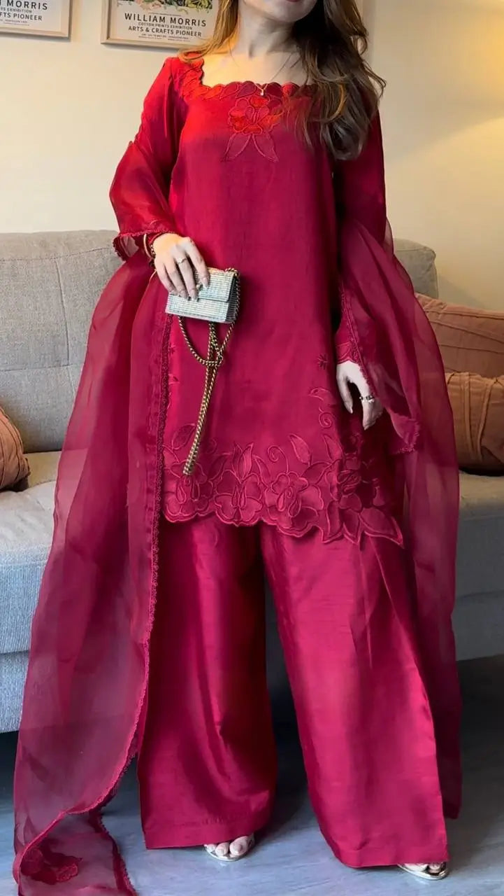 Elegant Embroidered Roman Palazzo Suit Set for Festive and Family Functions