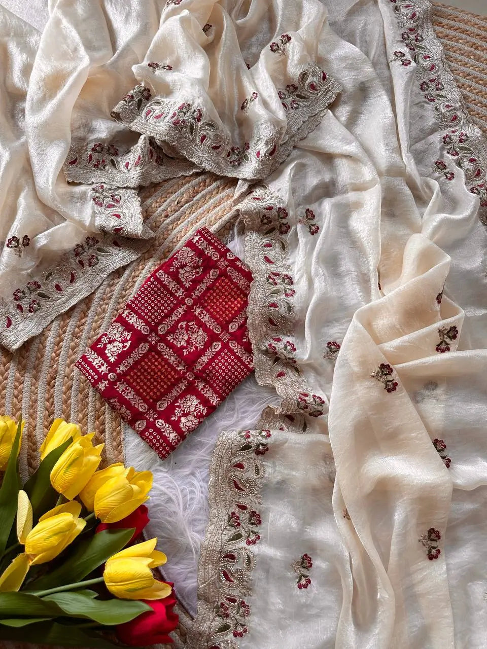 Elegant Embroidered Shimmer Saree with Contrast Blouse
