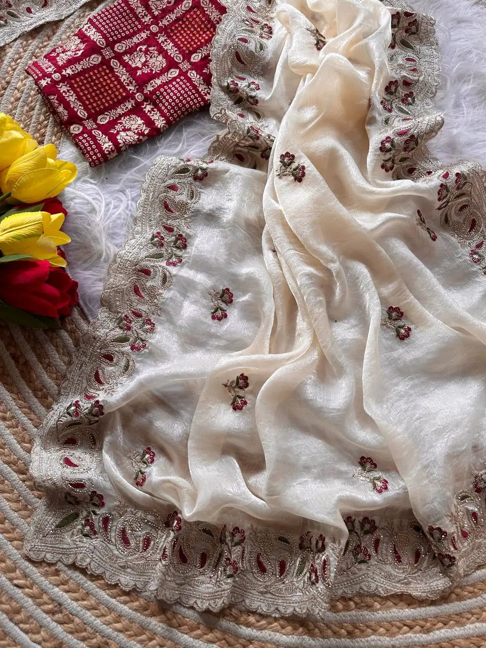 Elegant Embroidered Shimmer Saree with Contrast Blouse