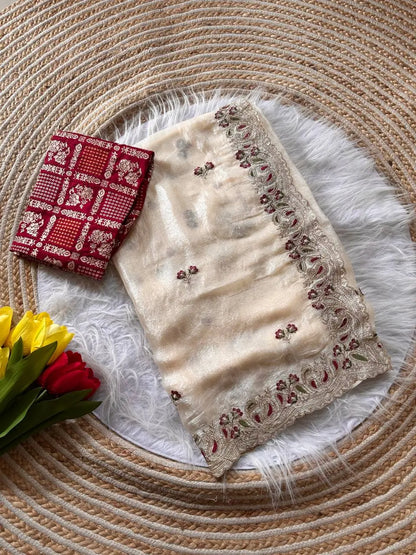 Elegant Embroidered Shimmer Saree with Contrast Blouse