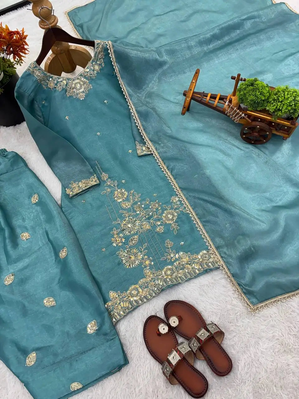 Elegant Embroidered Silk Farshi Suit Set
